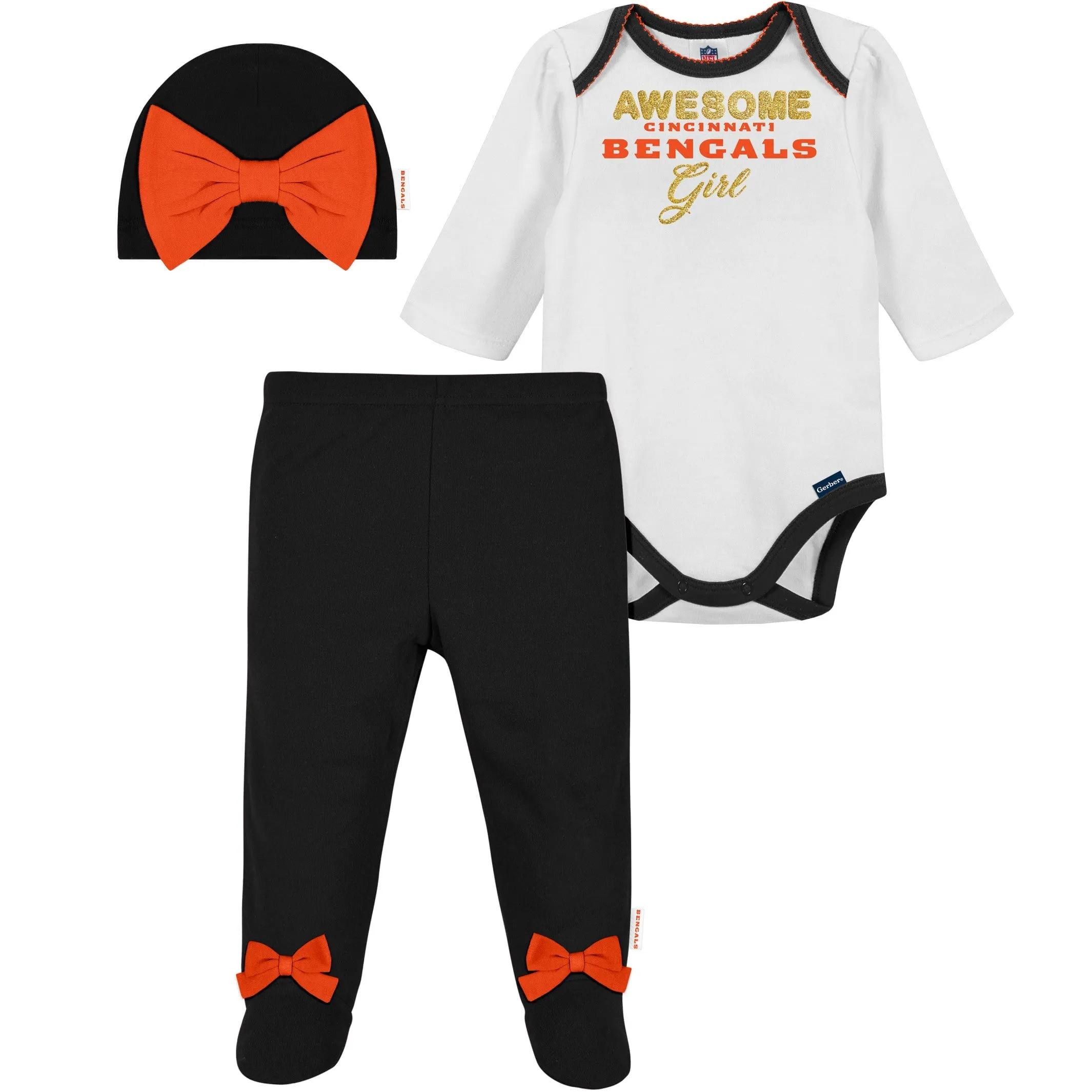 3-Piece Baby Girls Bengals Bodysuit, Footed Pant, & Cap Set