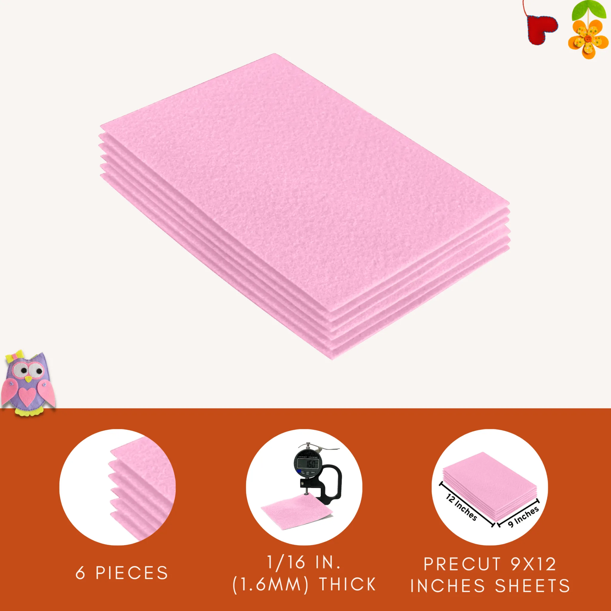 Acrylic Felt 9"X12" Sheet Packs | Baby Pink