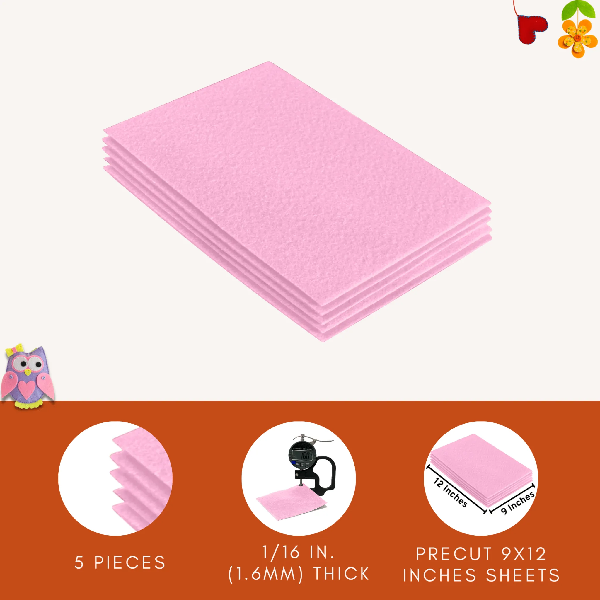 Acrylic Felt 9"X12" Sheet Packs | Baby Pink