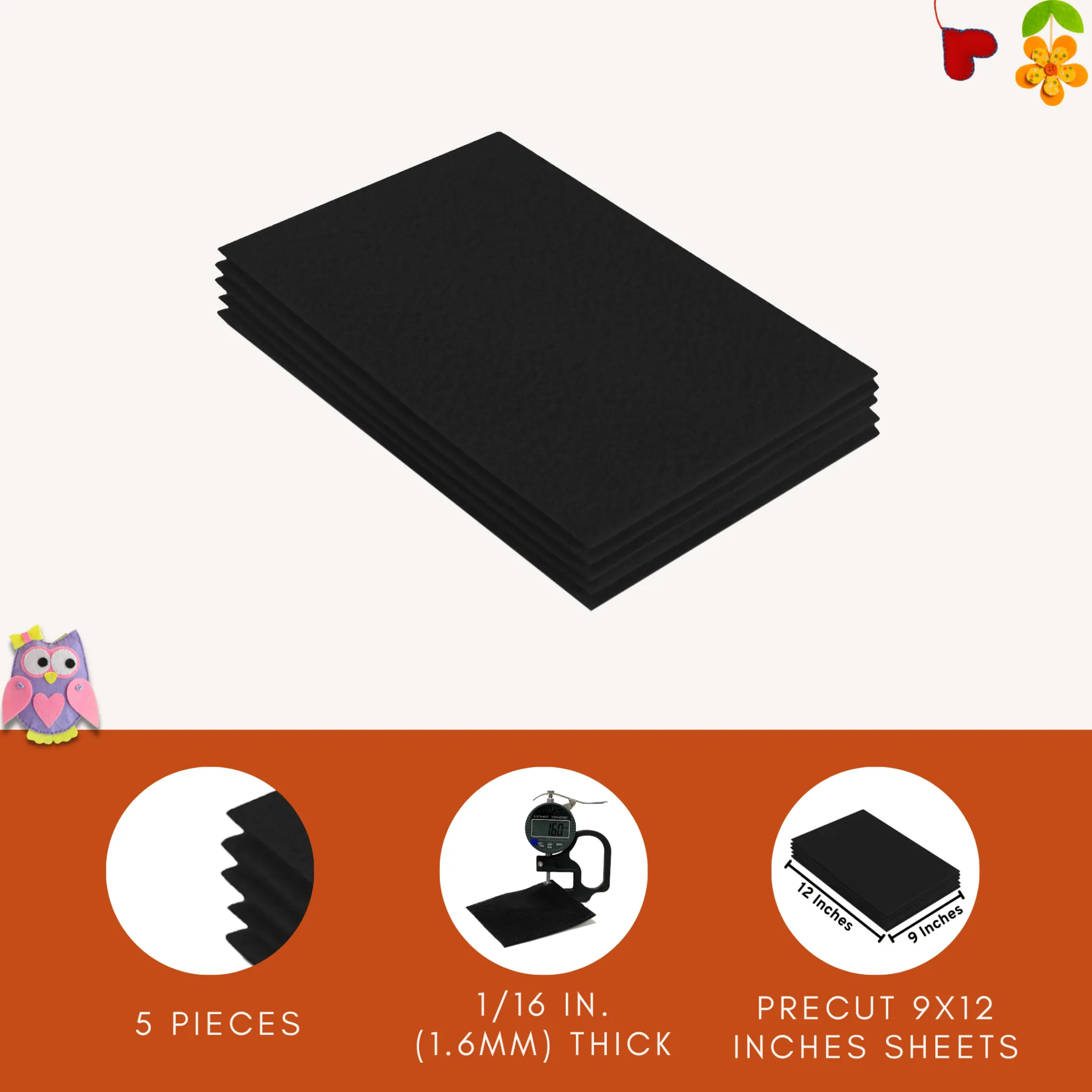 Acrylic Felt 9"X12" Sheet Packs | Black