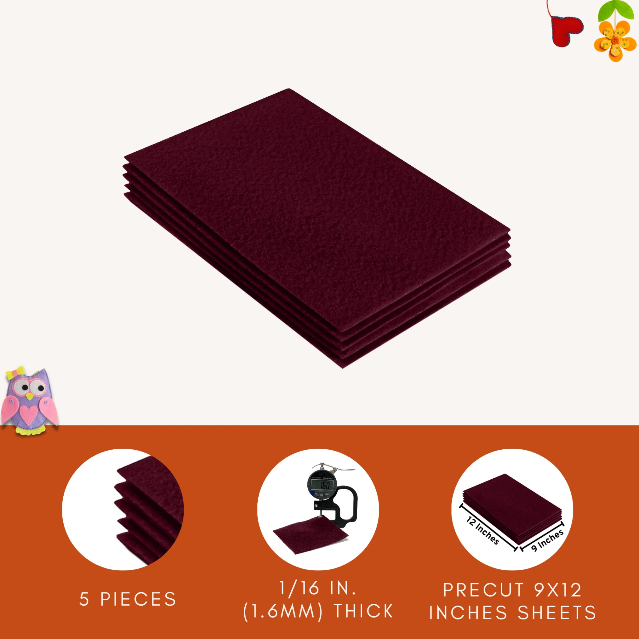 Acrylic Felt 9"X12" Sheet Packs | Burgundy