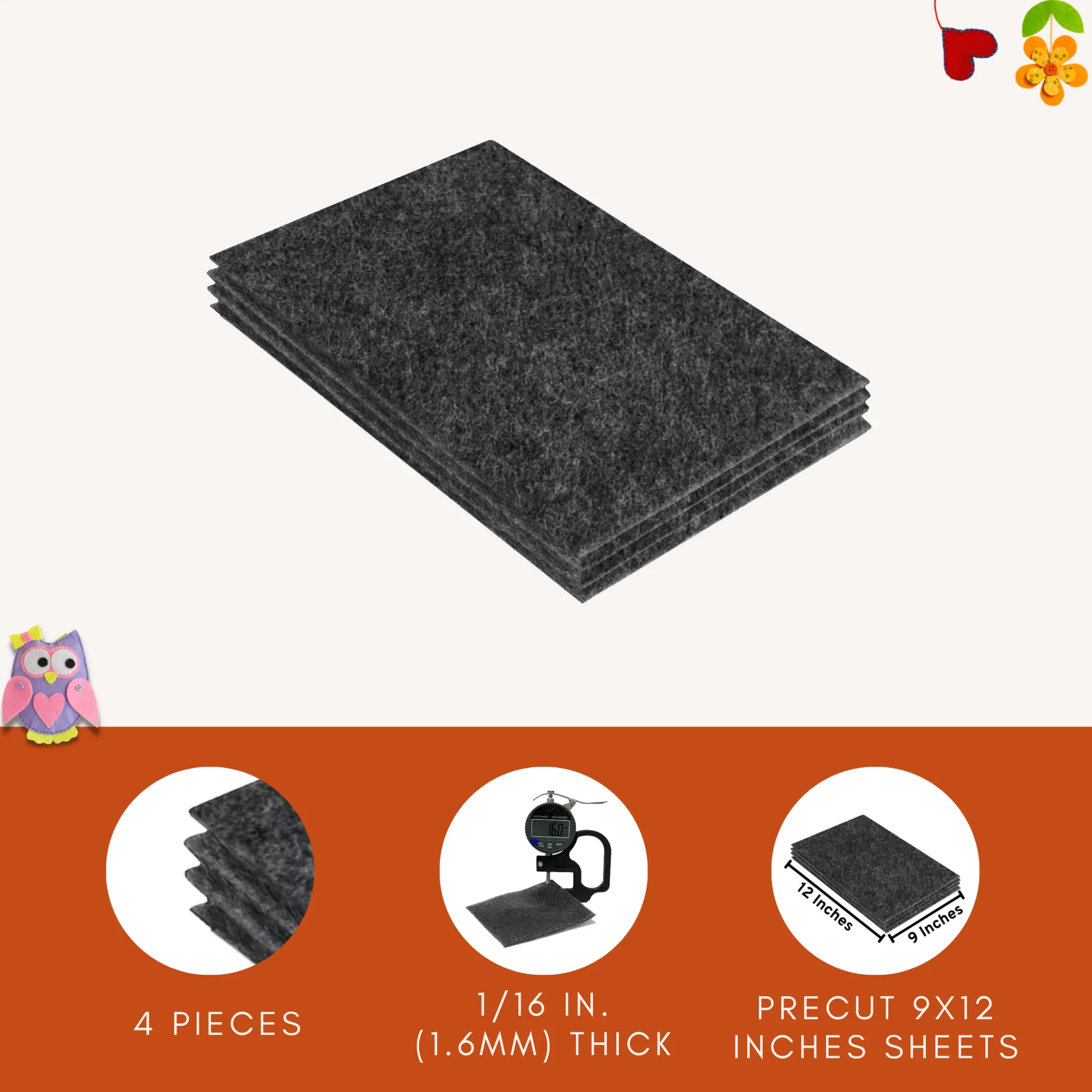 Acrylic Felt 9"X12" Sheet Packs | Charcoal