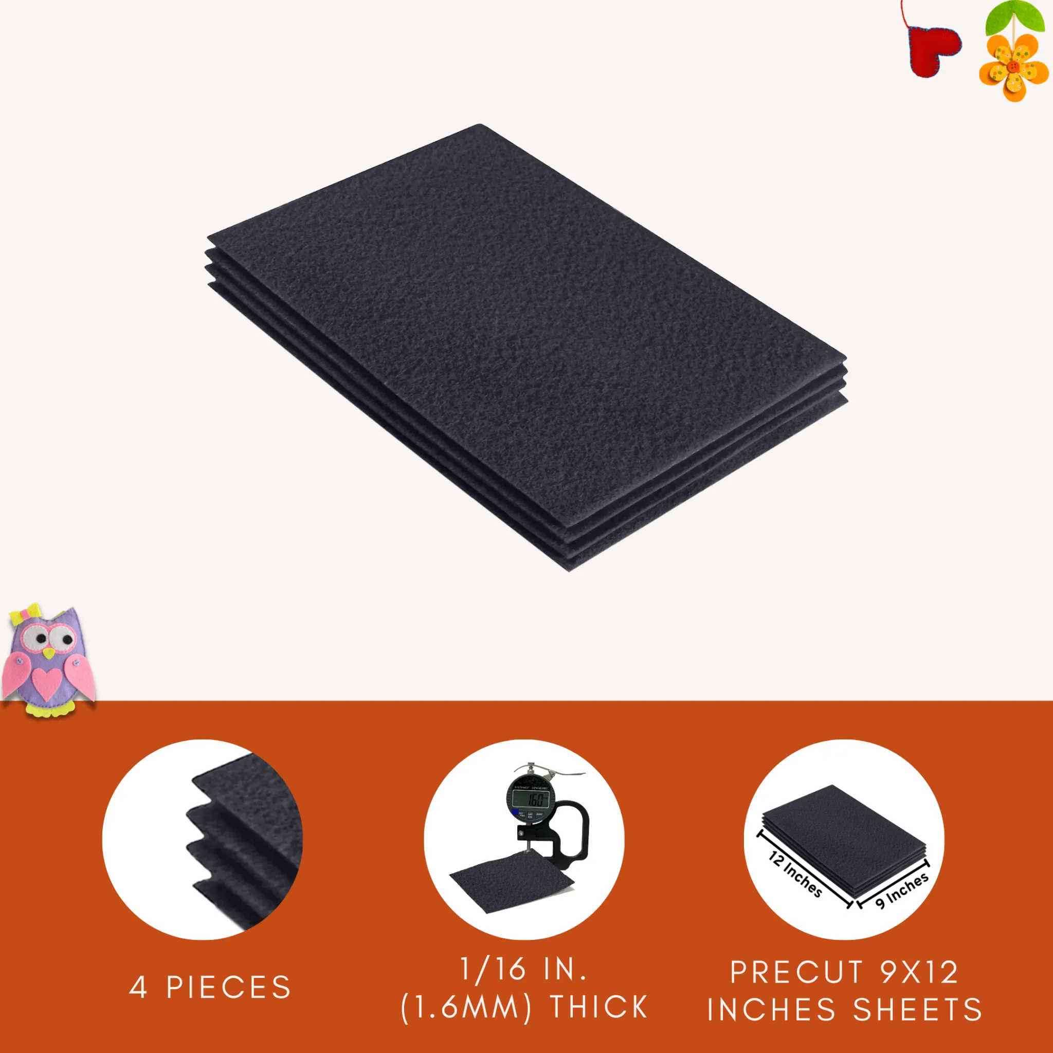 Acrylic Felt 9"X12" Sheet Packs | Dark Grey