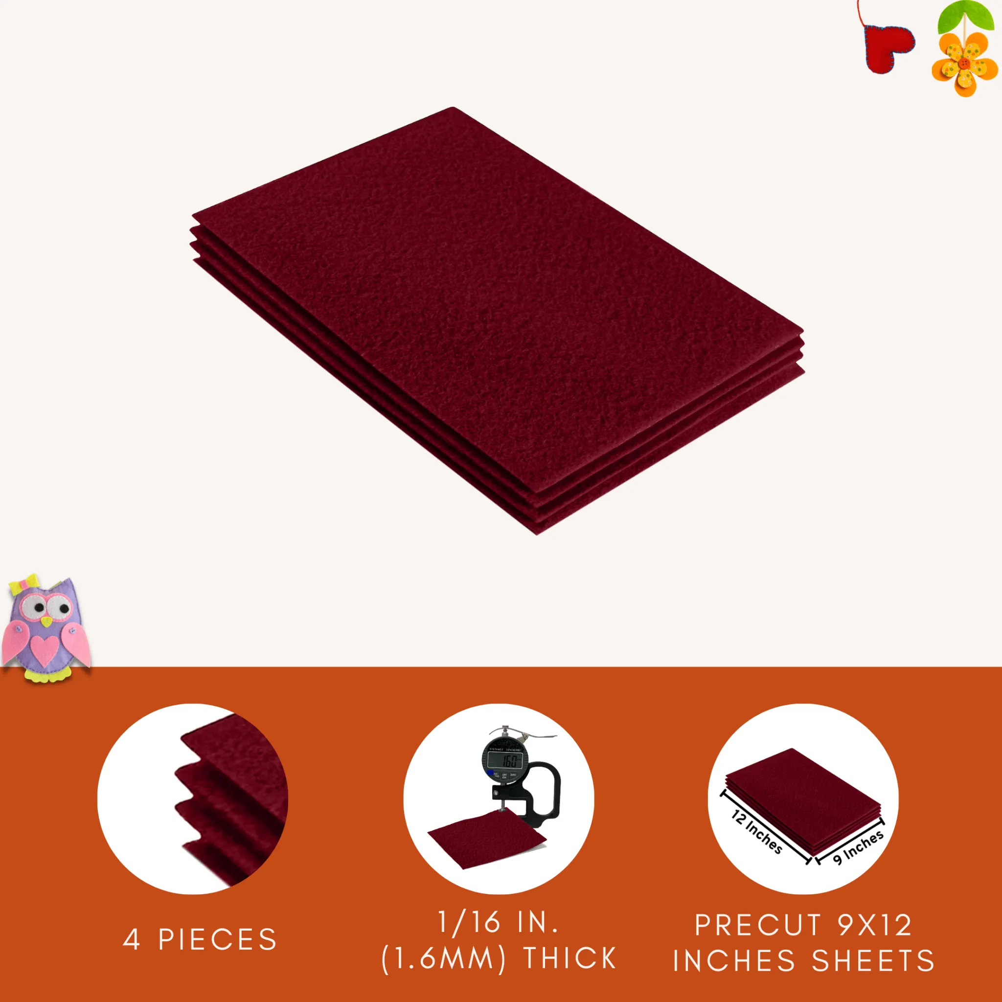 Acrylic Felt 9"X12" Sheet Packs | Dark Red