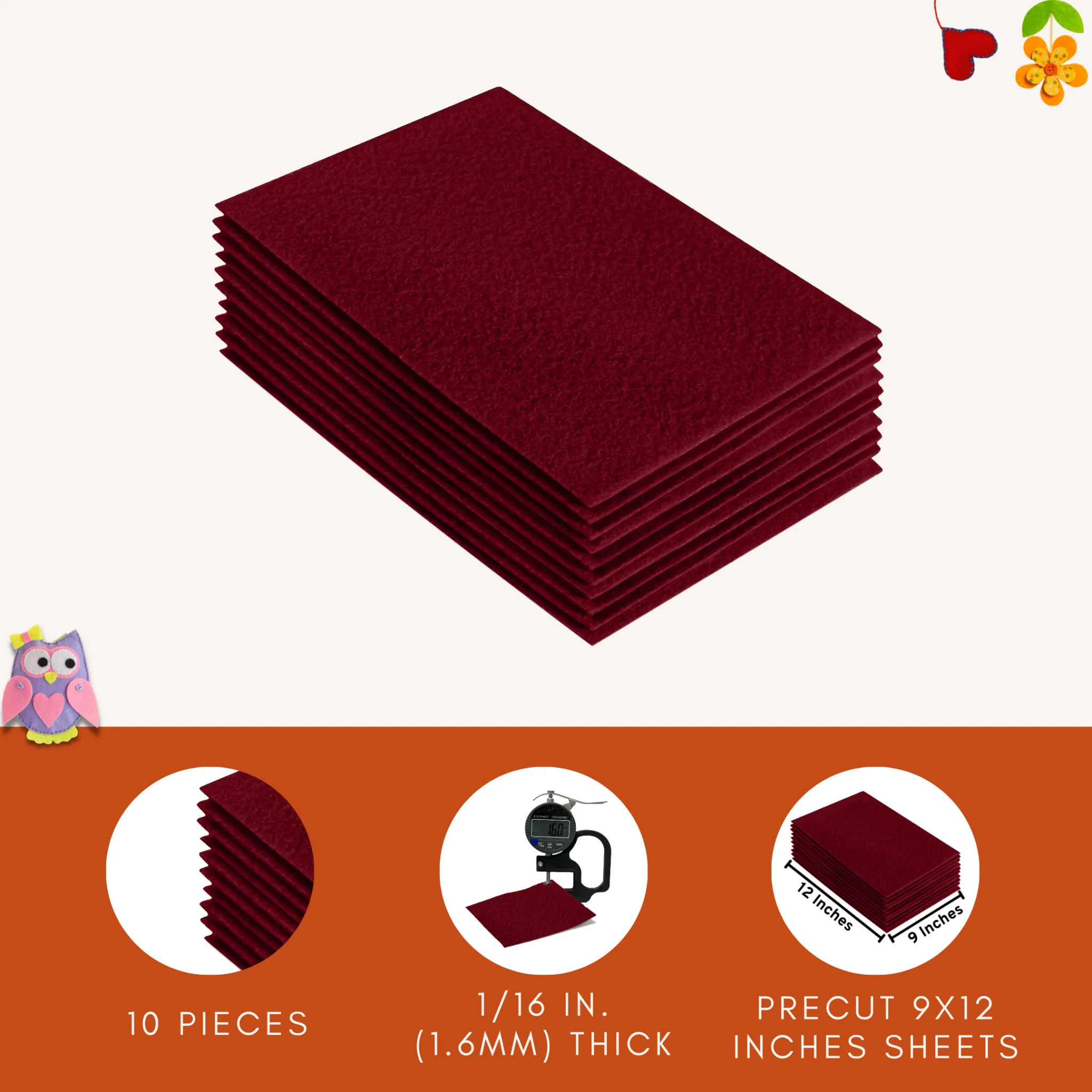 Acrylic Felt 9"X12" Sheet Packs | Dark Red