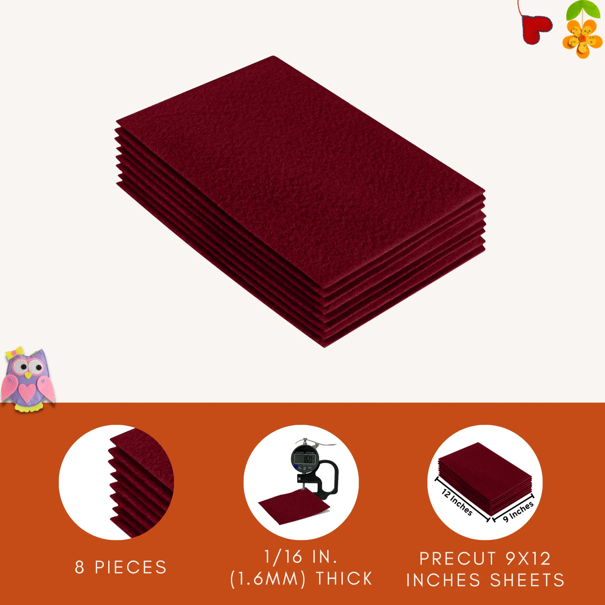 Acrylic Felt 9"X12" Sheet Packs | Dark Red