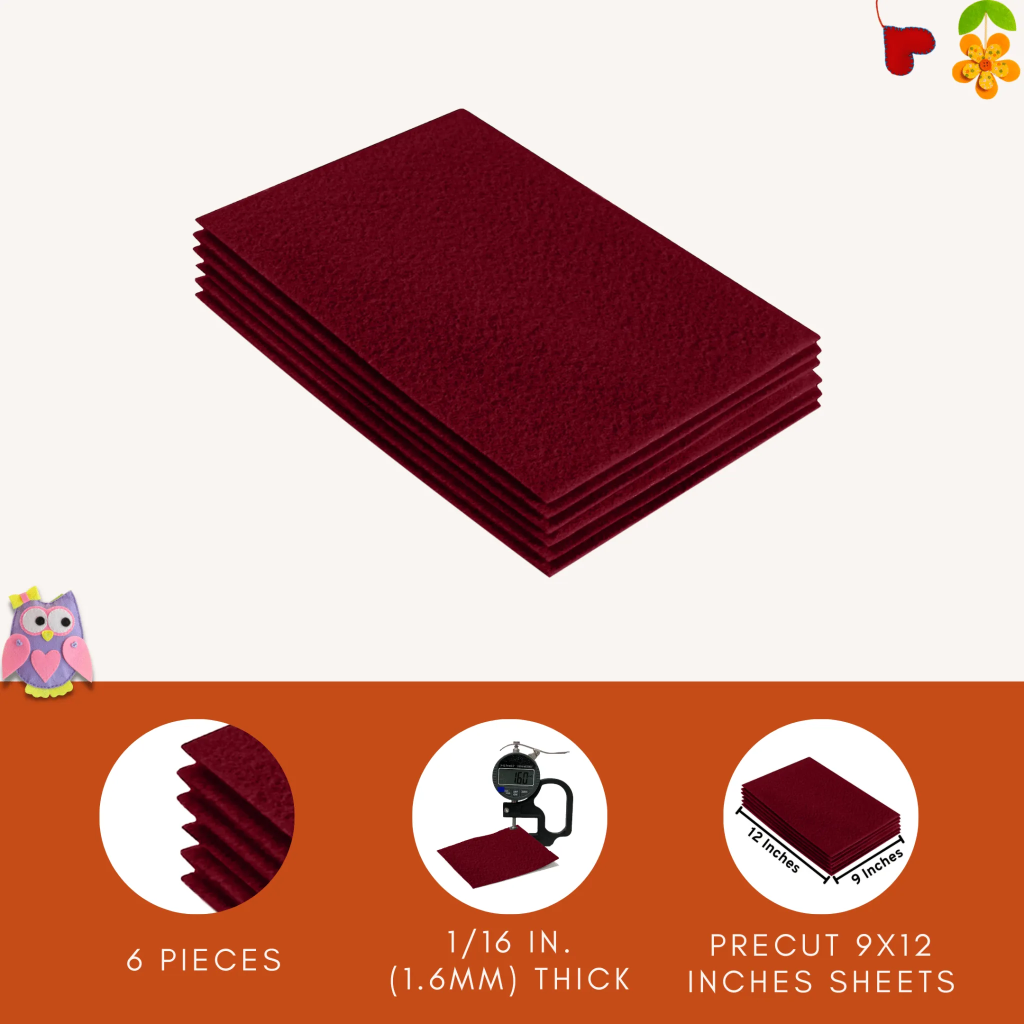 Acrylic Felt 9"X12" Sheet Packs | Dark Red