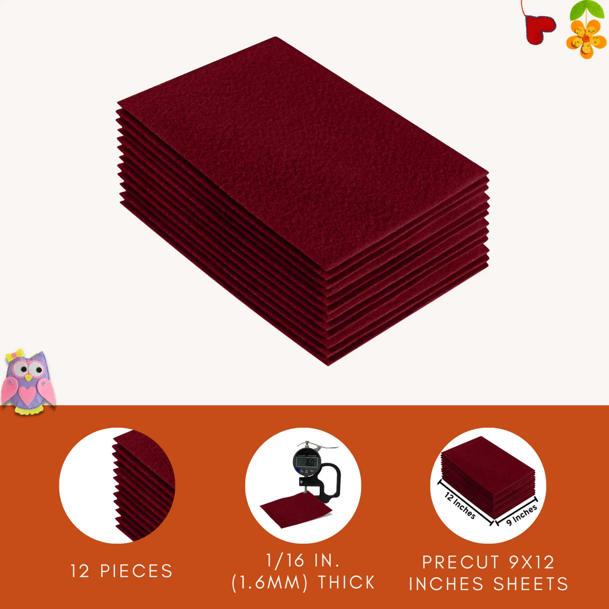 Acrylic Felt 9"X12" Sheet Packs | Dark Red