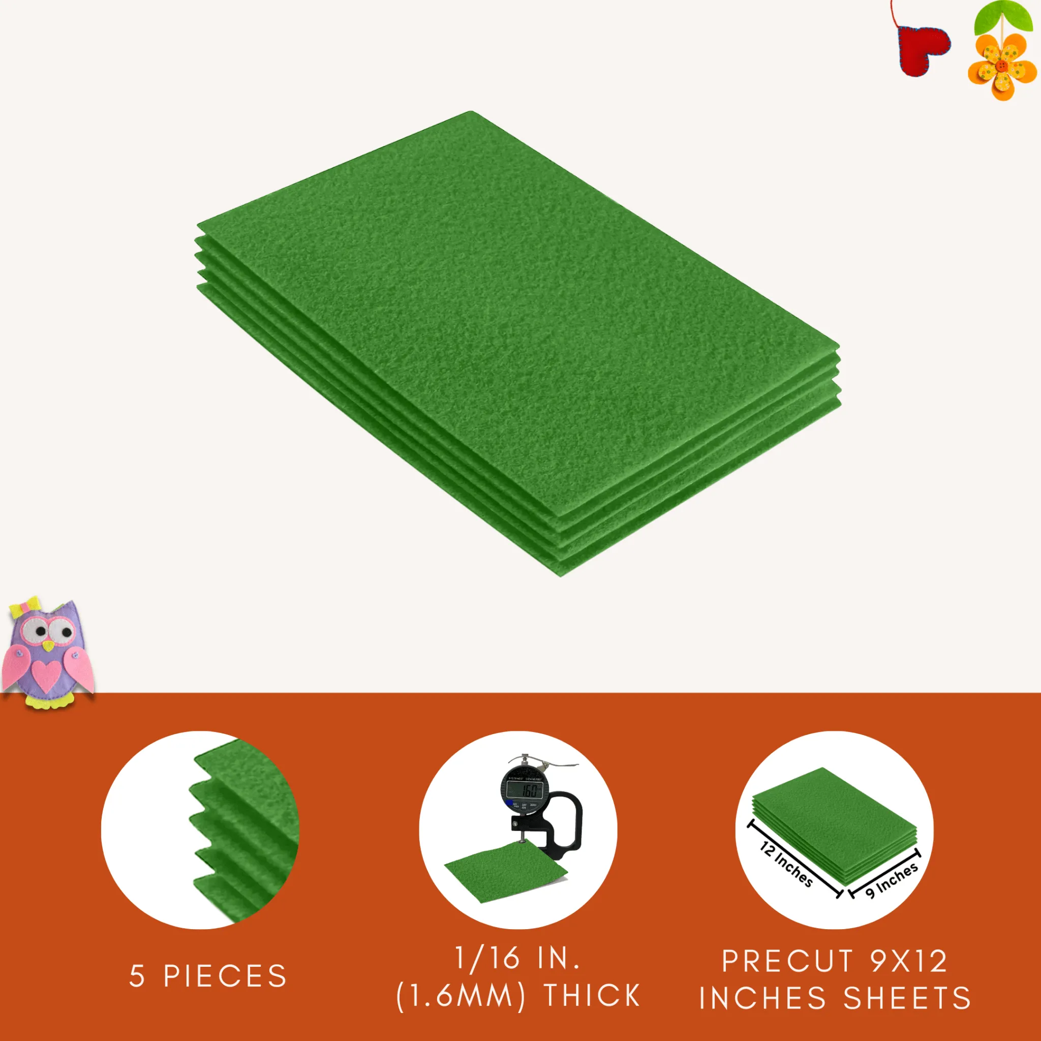 Acrylic Felt 9"X12" Sheet Packs | Green