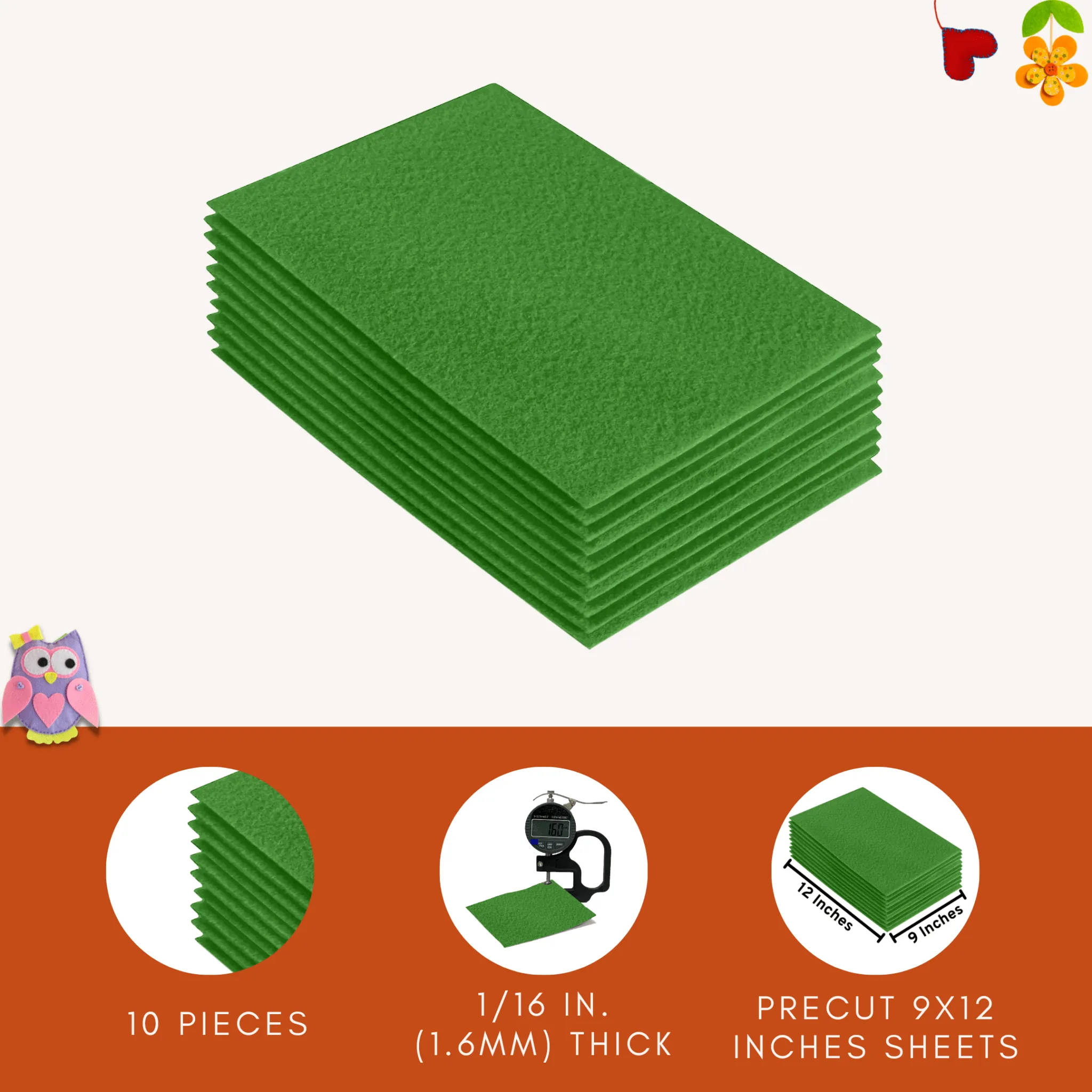 Acrylic Felt 9"X12" Sheet Packs | Green