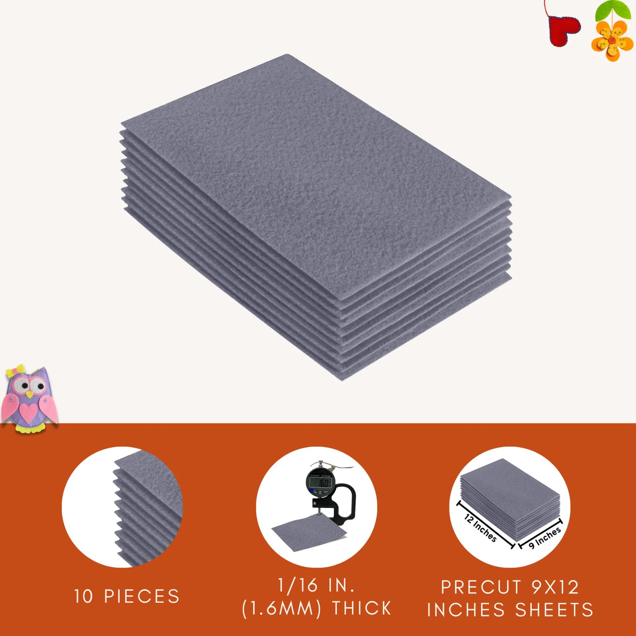 Acrylic Felt 9"X12" Sheet Packs | Grey