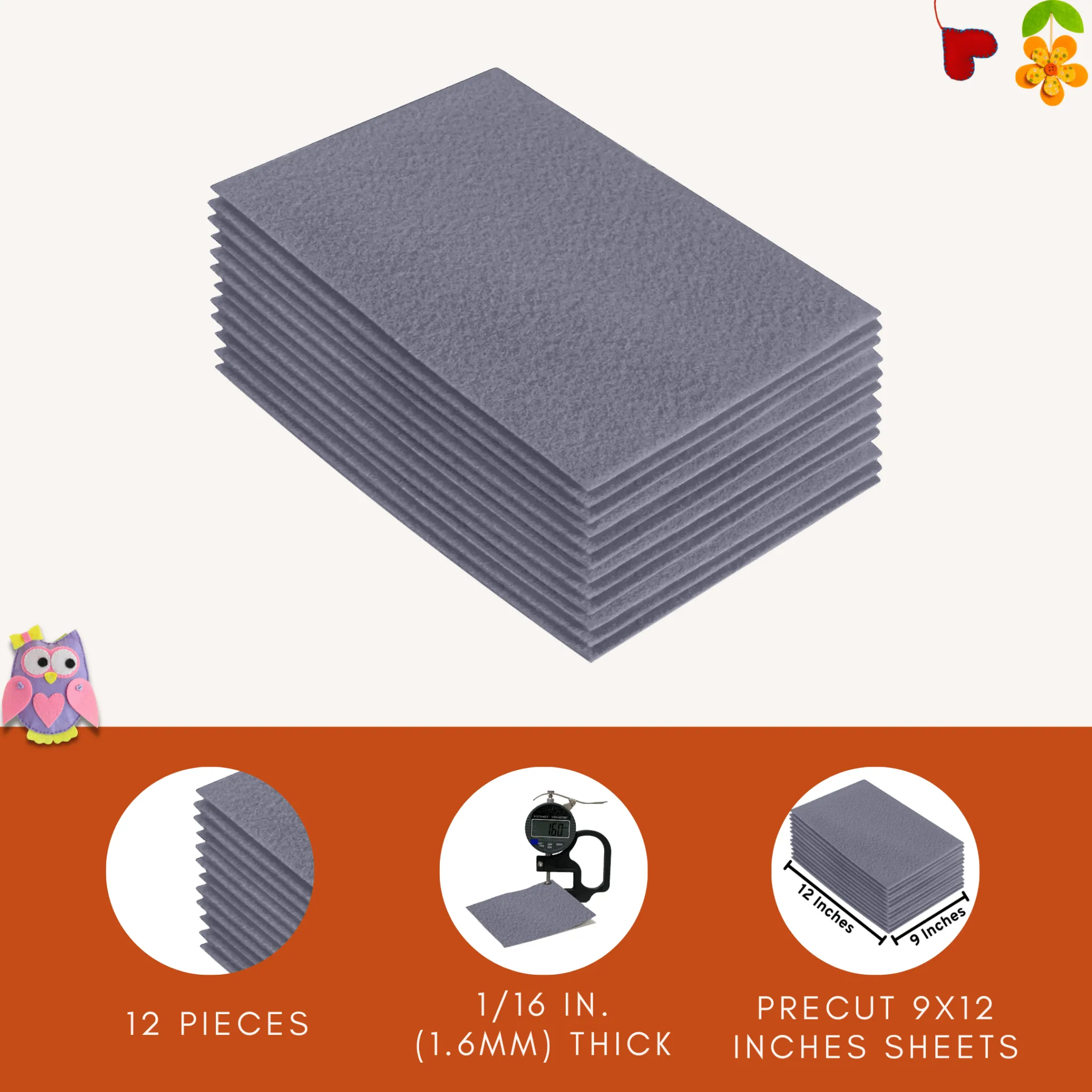 Acrylic Felt 9"X12" Sheet Packs | Grey