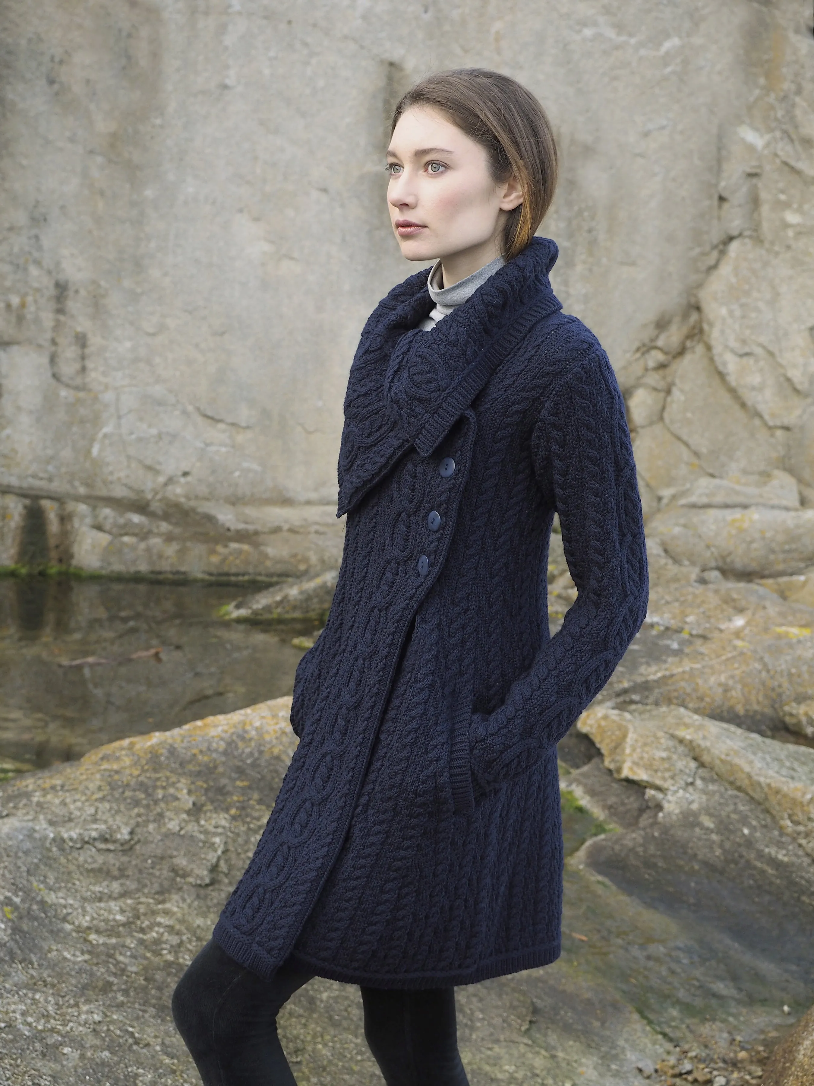 Aran Crafts Chunky Collar Coat | Navy