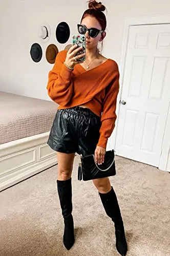 BTFBM Women Casual V Neck Long Sleeve Sweaters Cross Wrap Front Off Shoulder Asymmetric Hem Knitted Crop Solid Pullover(Solid Brown, Large)