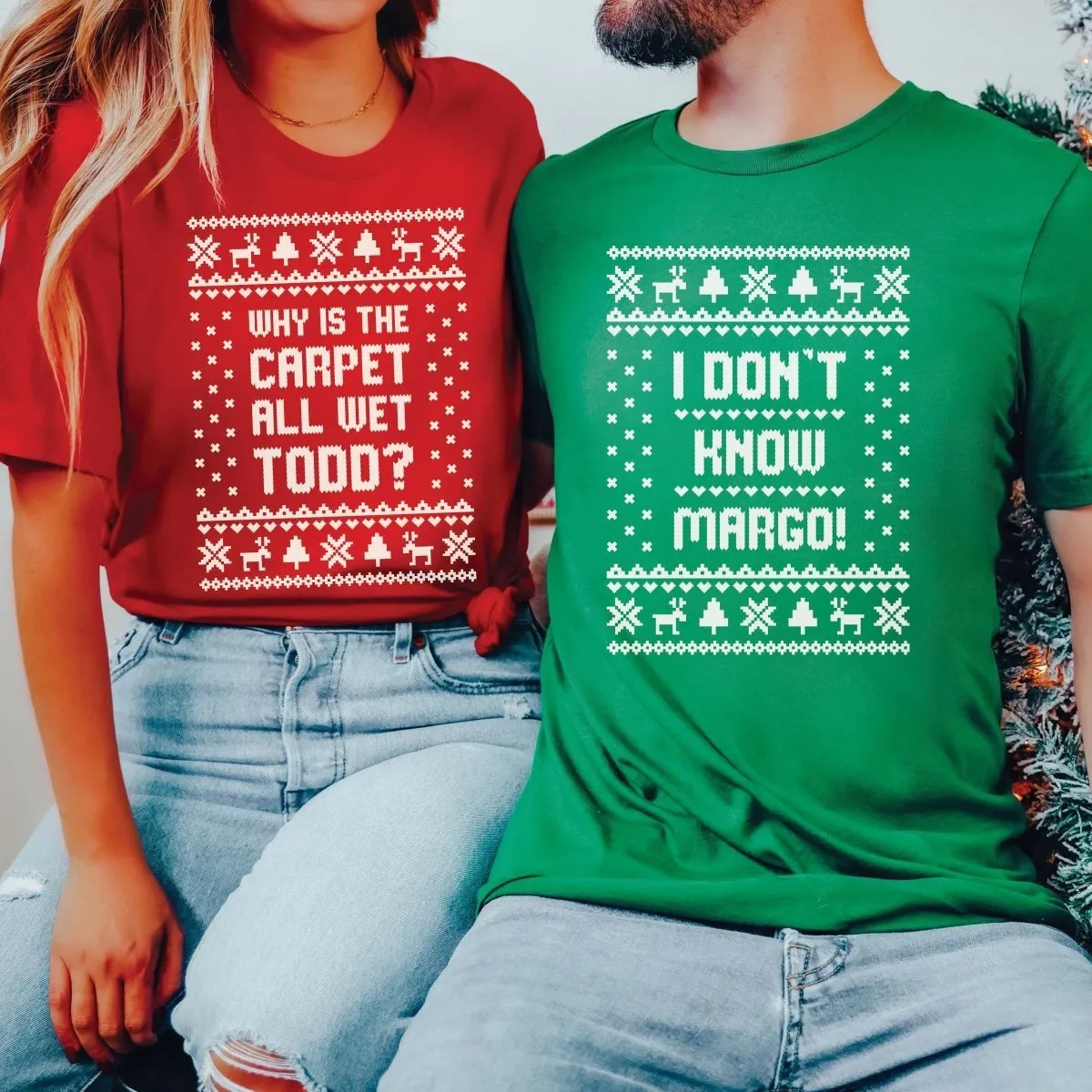 Couple Christmas Ugly Sweater Wholesale Bella Graphic Tee - Quick Shipping