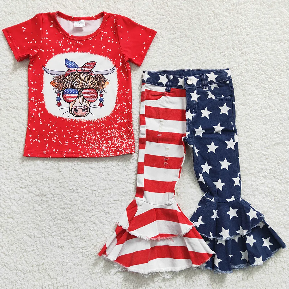 Fashion Girls Clothes Cow Star Print Jeans Bell Pants Set July 4th Boutique Kids Clothing GSPO0408