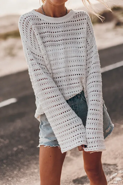 Febedress Crewneck Long Sleeves Hollow Out Boho Knitting Pullovers