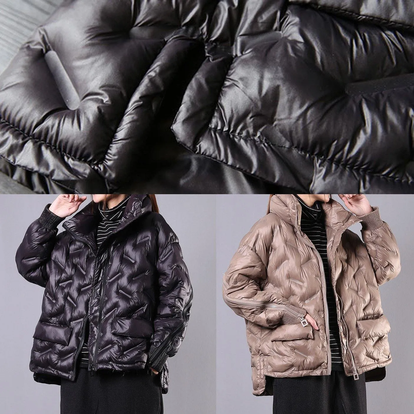 fine khaki coat oversized Jackets & Coats stand collar zippered outwear