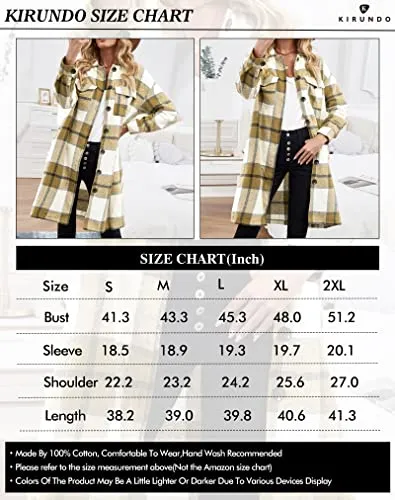 KIRUNDO 2023 Fall Winter Women's Long Flannel Plaid Shirts Jacket Casual Long Sleeve Boyfriend Button Down Shacket Coats(Khaki, Small)