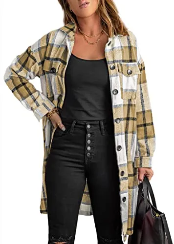 KIRUNDO 2023 Fall Winter Women's Long Flannel Plaid Shirts Jacket Casual Long Sleeve Boyfriend Button Down Shacket Coats(Khaki, Small)