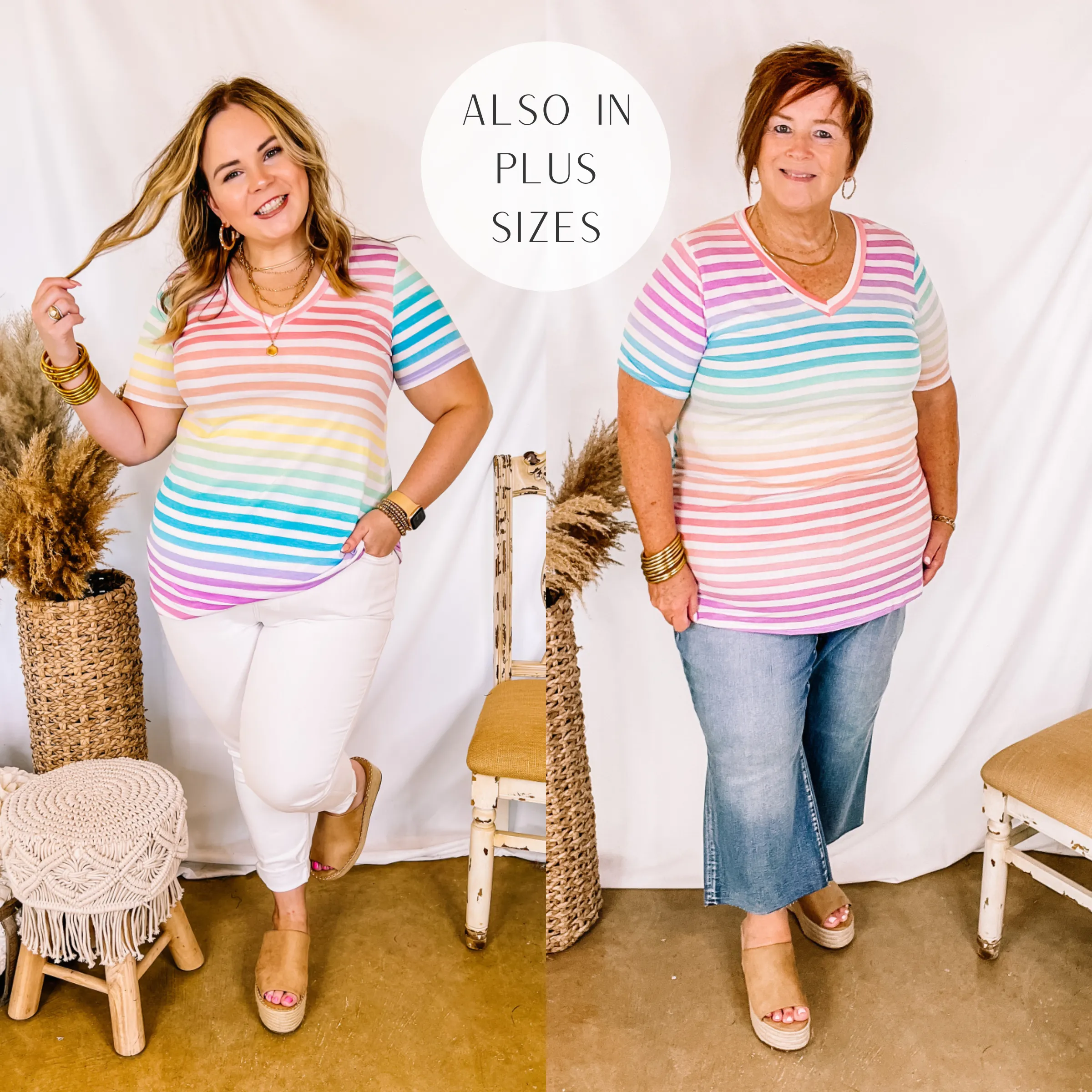 Last Chance Size Small & Med. | Keep Things Simple V Neck Multi Color Striped Short Sleeve Tee Shirt in White