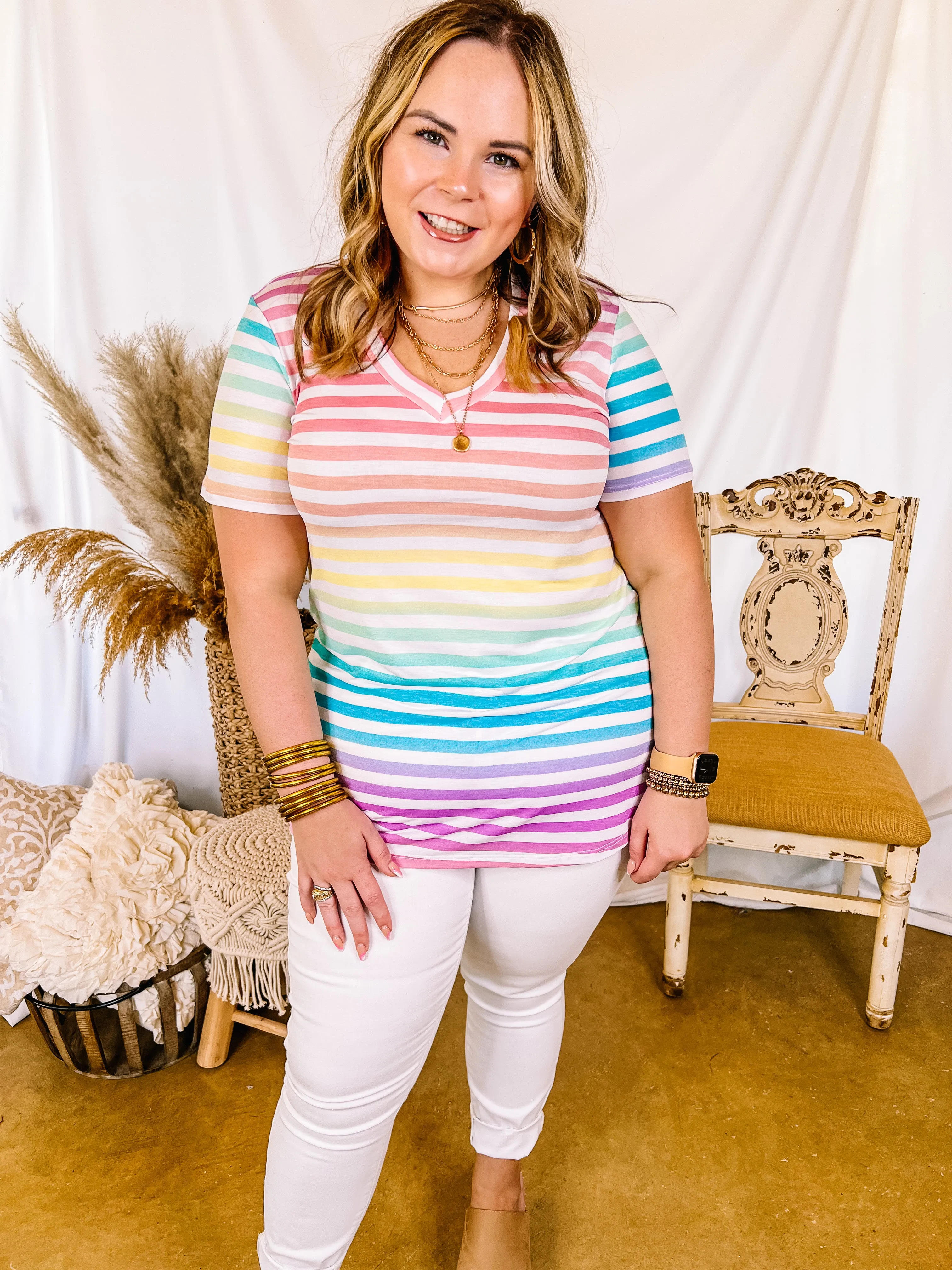 Last Chance Size Small & Med. | Keep Things Simple V Neck Multi Color Striped Short Sleeve Tee Shirt in White