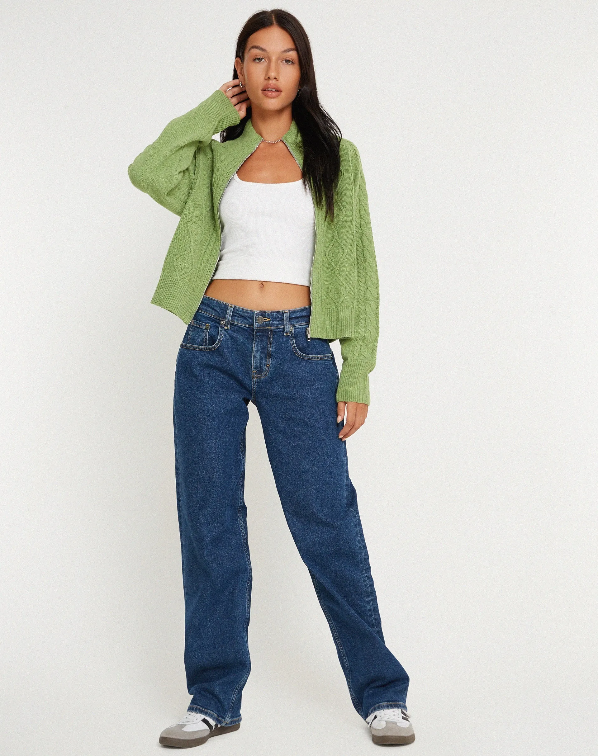 Lemila Knitted Zip Up Jacket in Moss Green