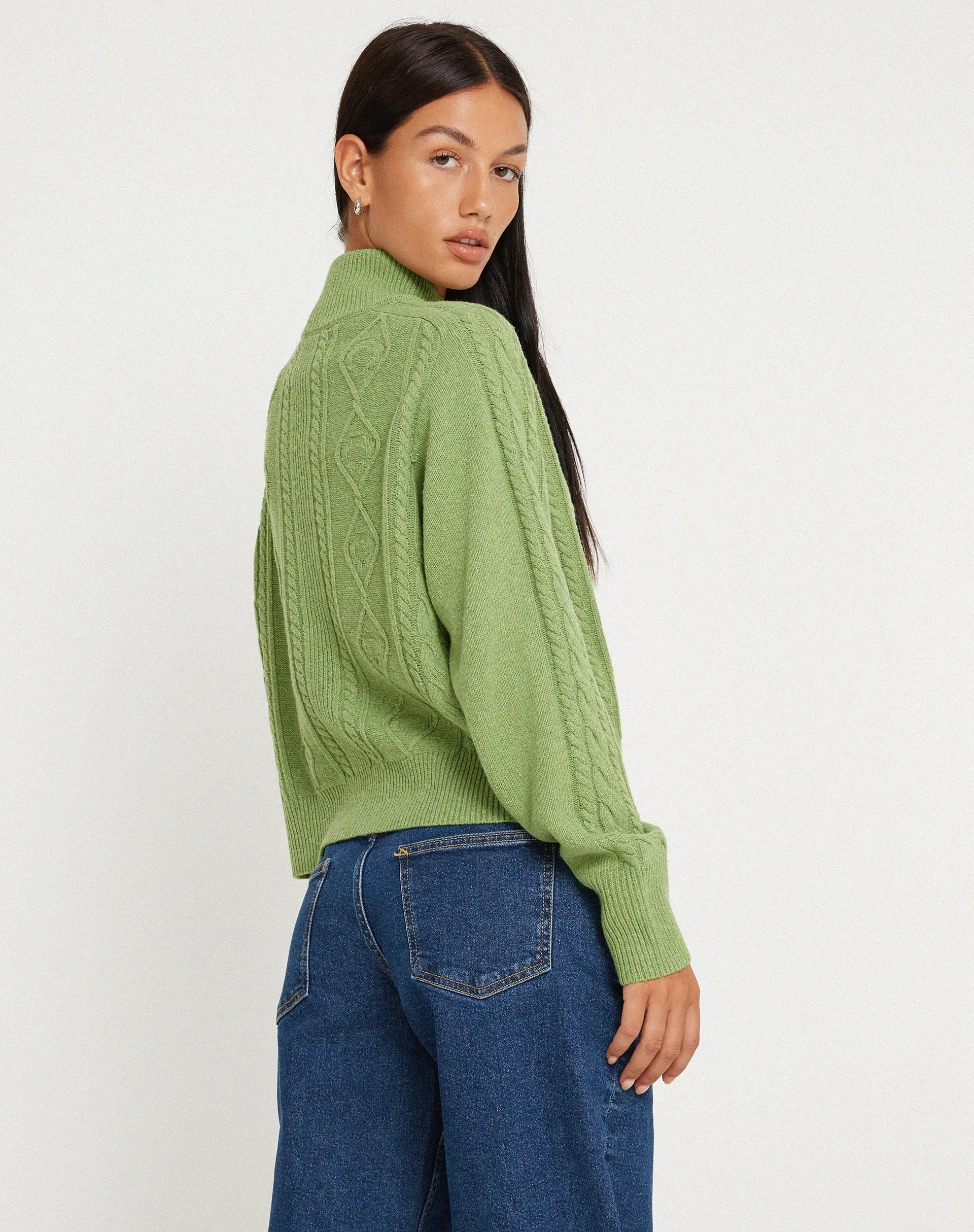 Lemila Knitted Zip Up Jacket in Moss Green