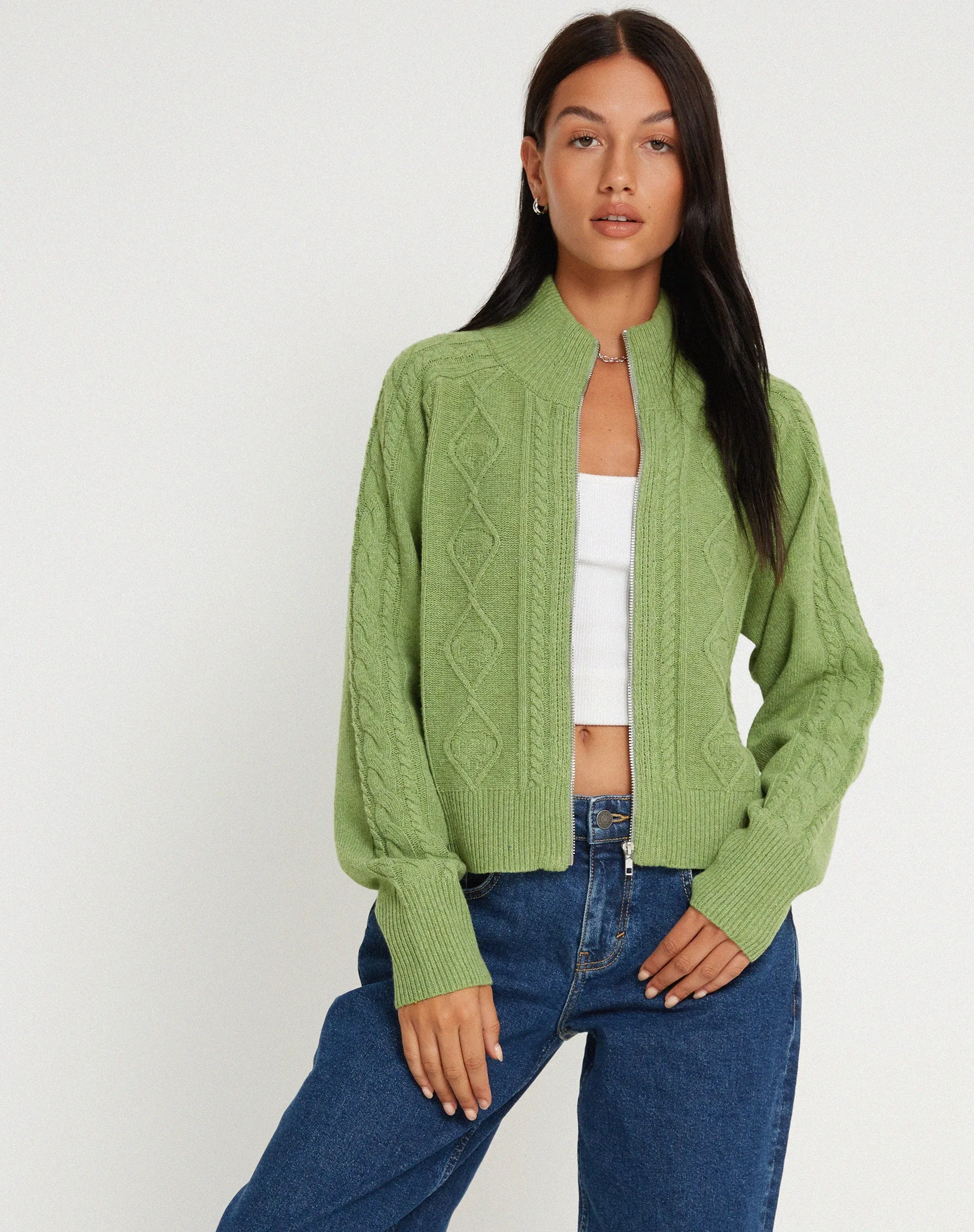 Lemila Knitted Zip Up Jacket in Moss Green