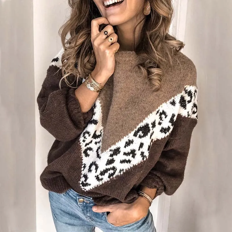 Leopard Print Oversized Sweater - Women's Winter Pullover