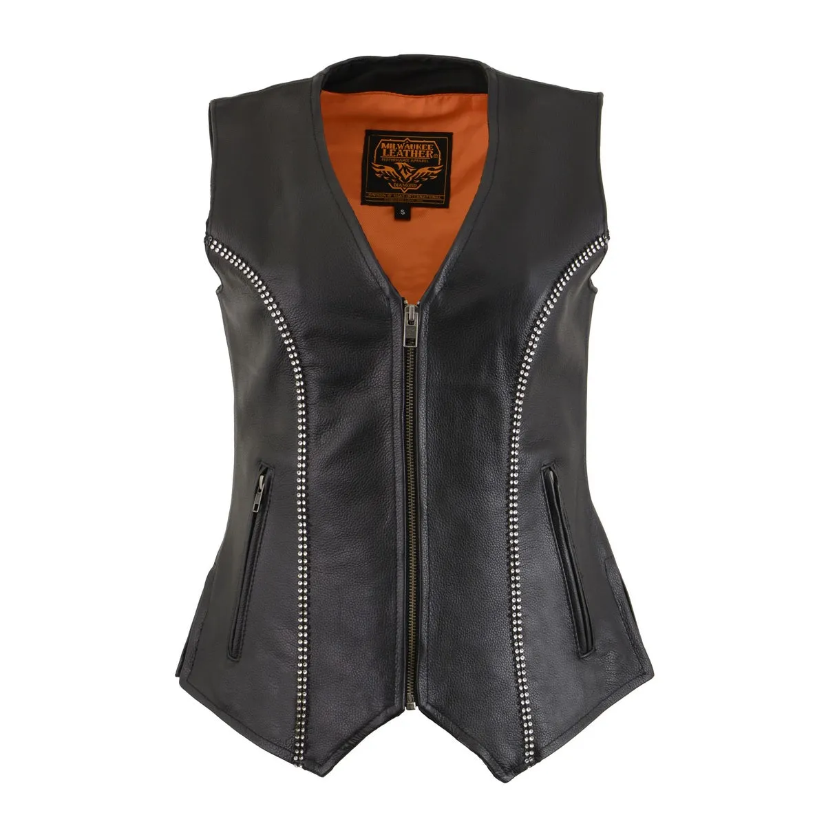 Milwaukee Leather MLL4502 Women's Black Leather Classic V-Neck Motorcycle Rider Vest with Rhinestone Bling Detail