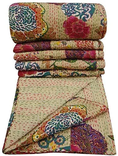 MTREON Jaipuri Quilt Handmade Bed Cover Cotton Kantha Blanket Throw Home Decor Bedspread Bedsheet, Twin Size, Multicolour(60 X 90 INCH)