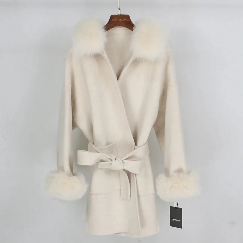 Real Fur Coat Winter Jacket for Women with Belt