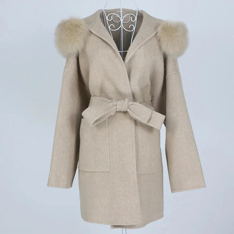 Real Fur Coat Winter Jacket for Women with Belt