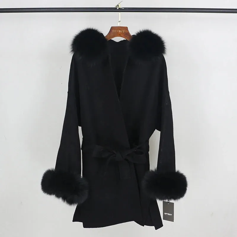 Real Fur Coat Winter Jacket for Women with Belt