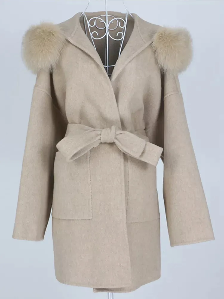 Real Fur Coat Winter Jacket for Women with Belt