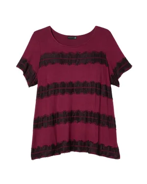 Ruth Short Sleeve Lace Trim Top | Burgundy / Black