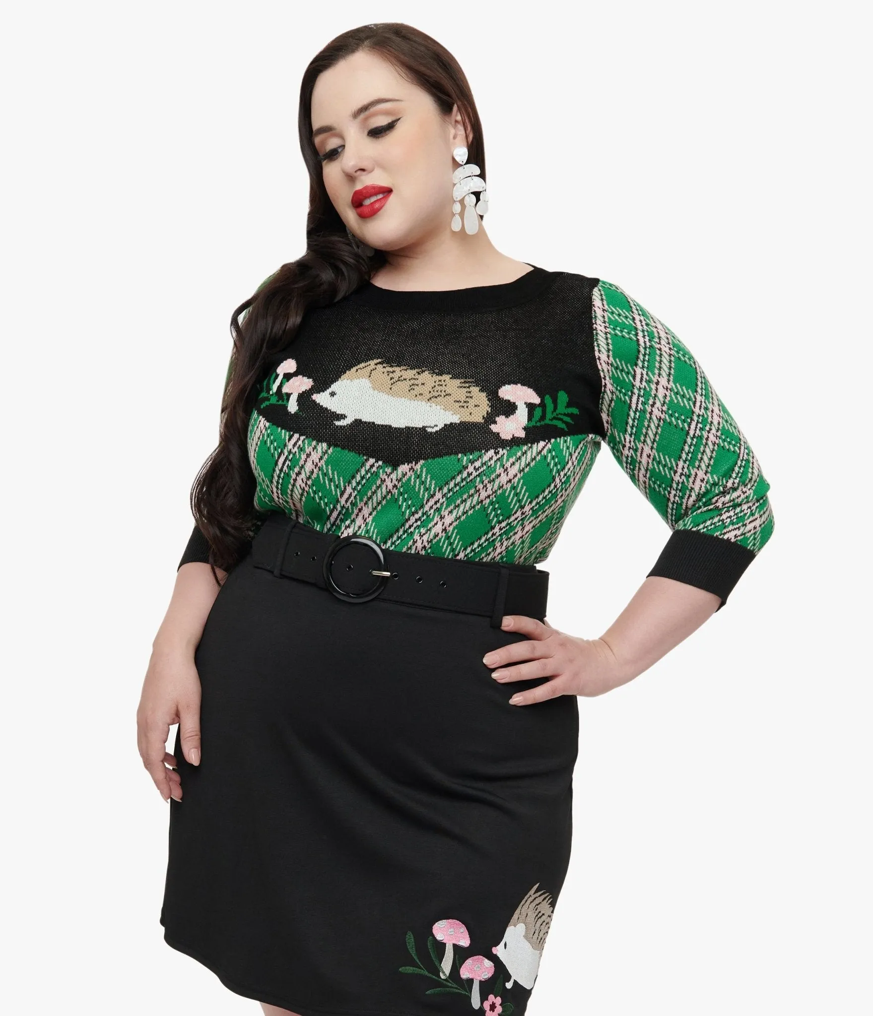 Smak Parlour Plus Size 1960s Green Plaid & Hedgehog Sweater