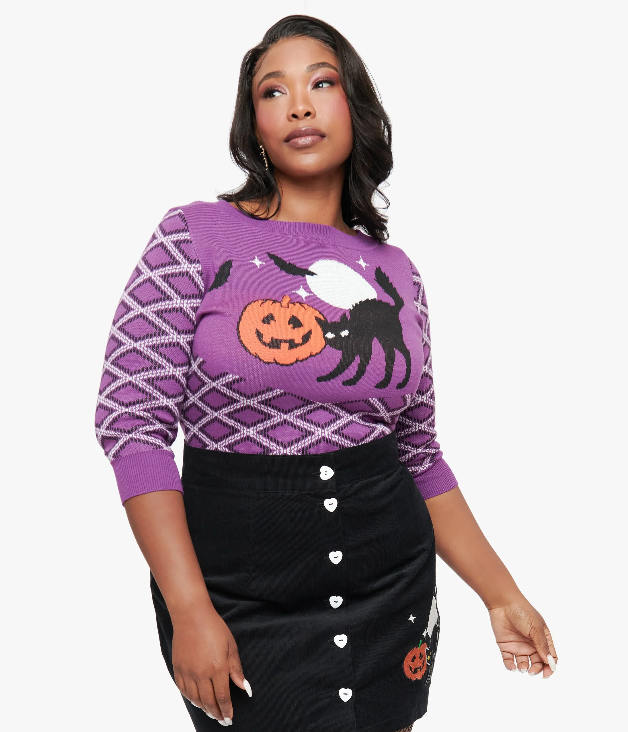 Smak Parlour Plus Size Purple Plaid & Black Cat Sweater