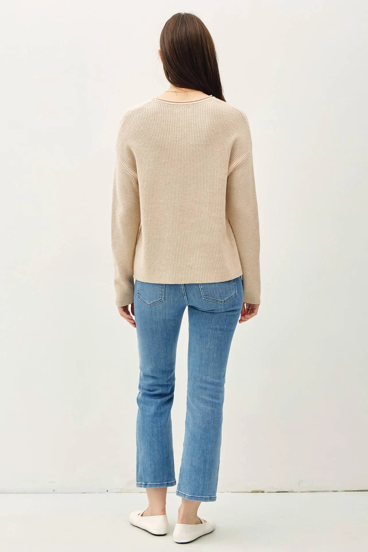 SOFT WAFFLE KNIT RAW HEM SWEATER: Oatmeal