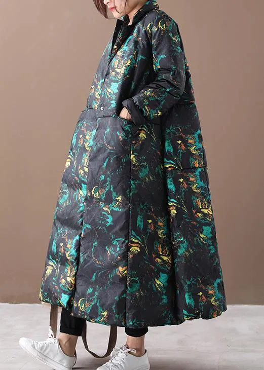 Warm floral winter coat oversize stand collar large hem goose down coats