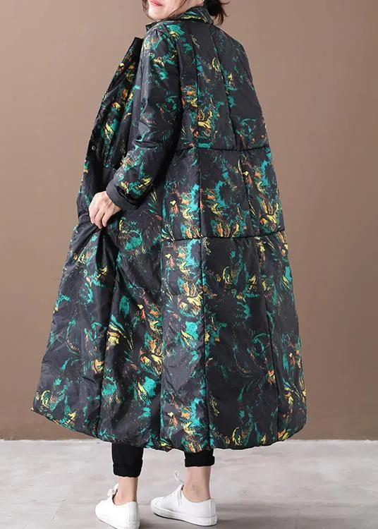 Warm floral winter coat oversize stand collar large hem goose down coats