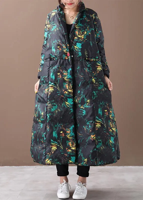 Warm floral winter coat oversize stand collar large hem goose down coats