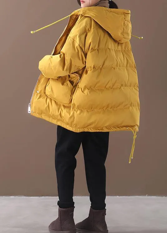 Warm Loose-fitting snow jackets drawstring hem outwear yellow hooded women short coats