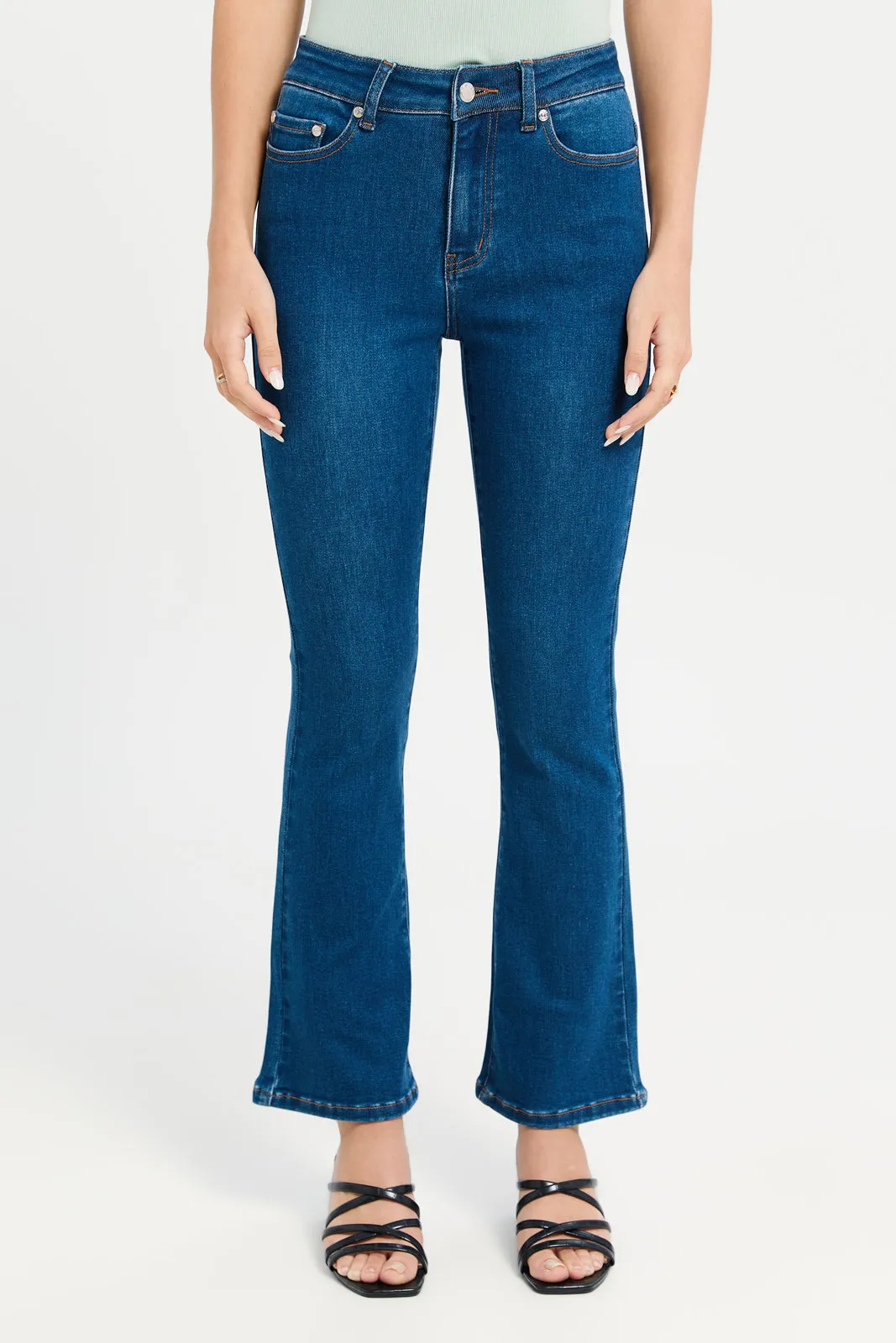 Women Blue Plain Mid Waist Flare Jeans