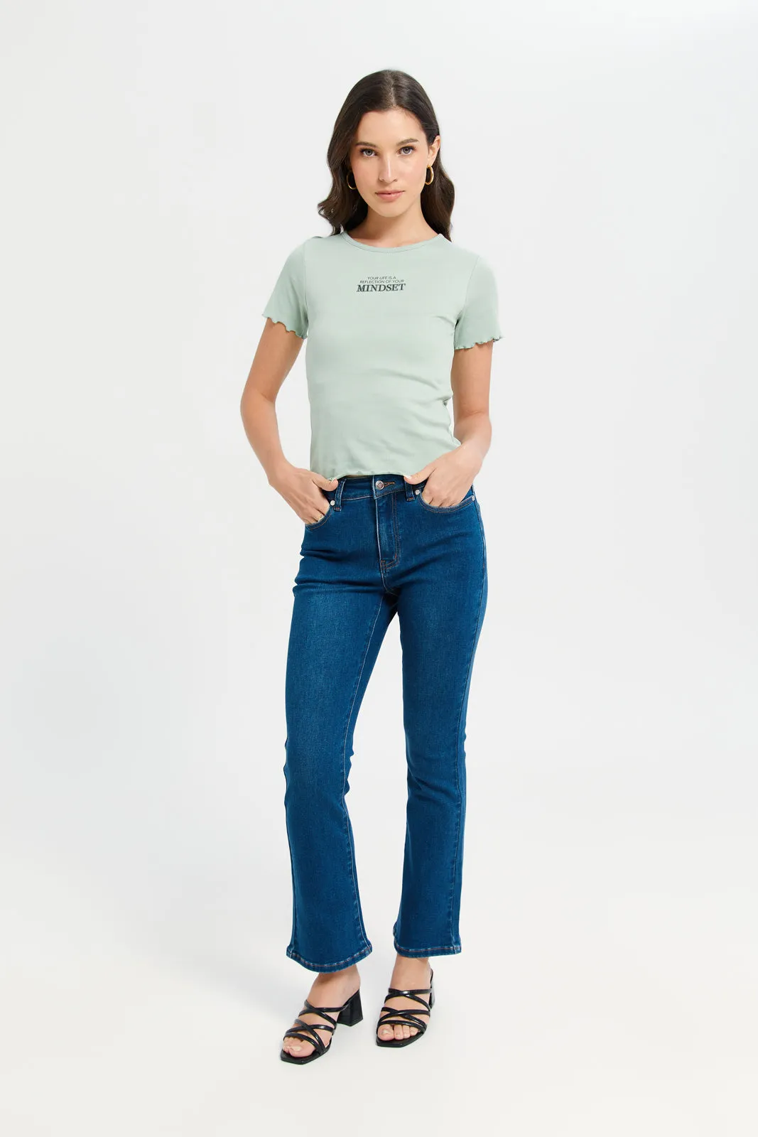 Women Blue Plain Mid Waist Flare Jeans