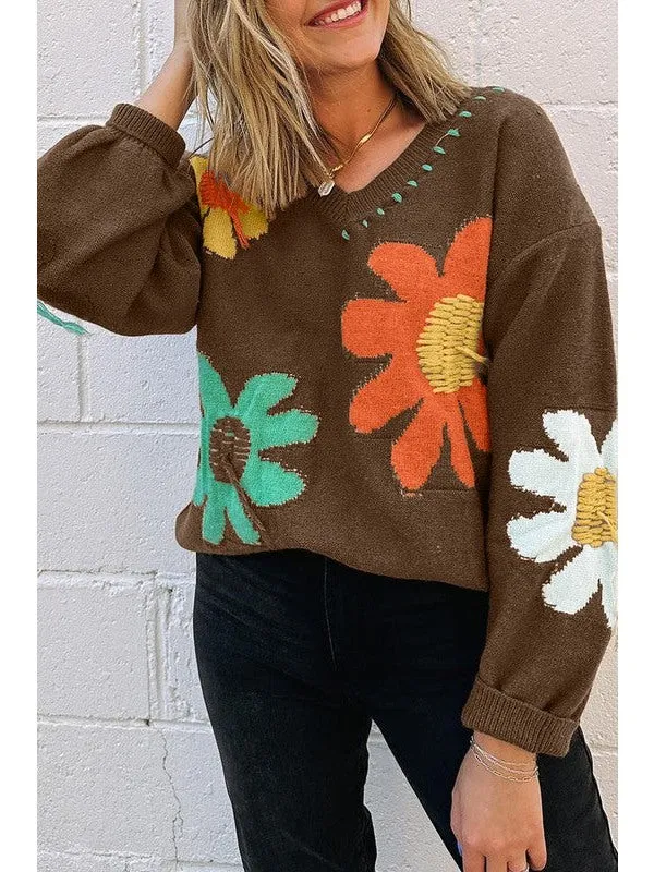 Women Flower Pattern V Neck Drop Shoulder Sweater