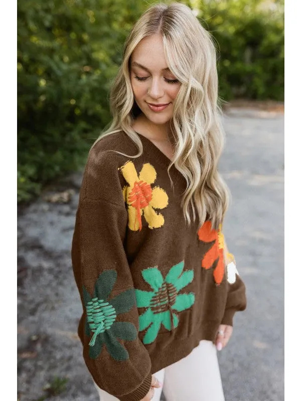 Women Flower Pattern V Neck Drop Shoulder Sweater