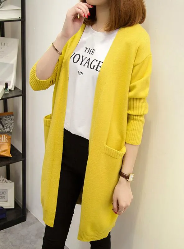 Women Long Cardigan Pockets Loose Solid Knit Sweater