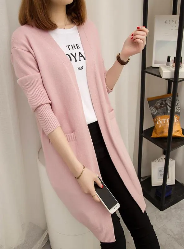 Women Long Cardigan Pockets Loose Solid Knit Sweater